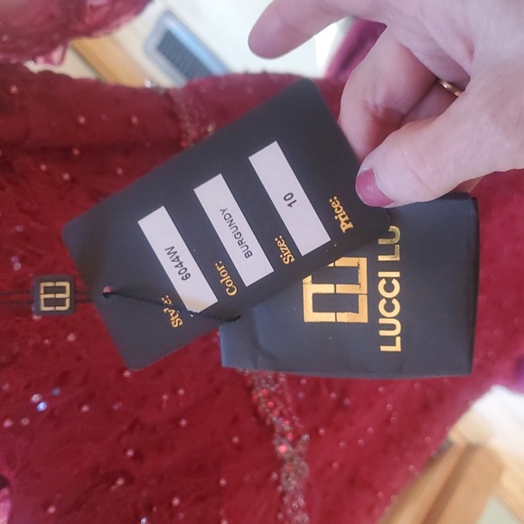 Lucci Lu Formal Elegant Burgandy Embellished Lace Maxi Sz. 10 Event Gown NWT - Picture 2 of 16